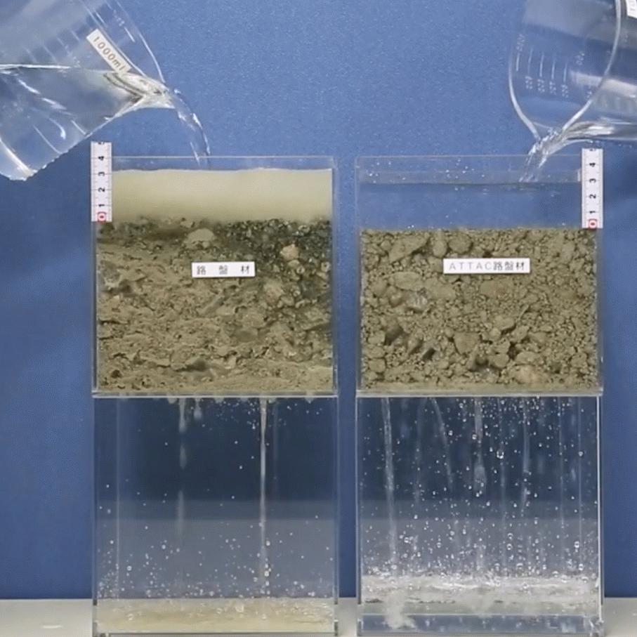 「雨水が地中浸透してもCBR値が下がらず透水性も保持される地盤改良工・路盤工」ATTACK路盤材
