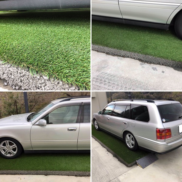 普通では考えられない 人工芝の上に車が乗る駐車場 お知らせ