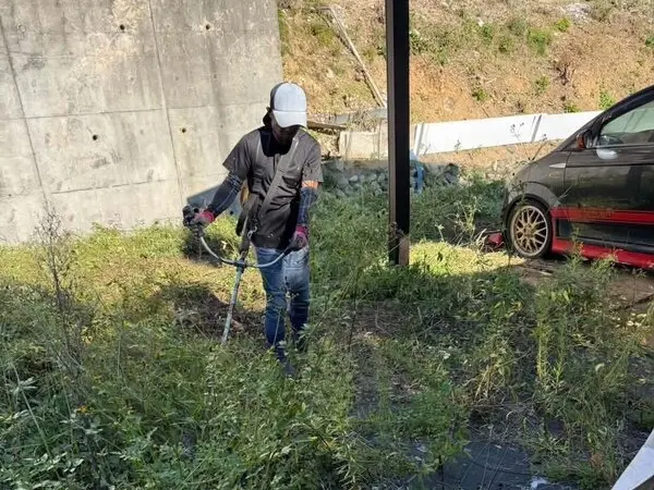 雑草が伸びた敷地で草刈りをする作業員